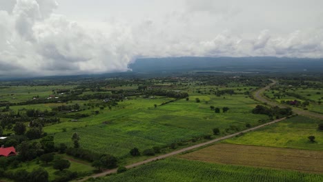 Ruhige-Landschaft-Mit-Grünen-Maisplantagen,-Stadt-Loitokitok,-Kenia,-Luftbild