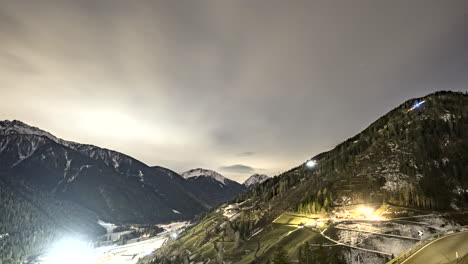 Time-Lapse-of-Sankt-Walburg-in-Ultental-during-a-cloudy-sunset-and-transition-into-night
