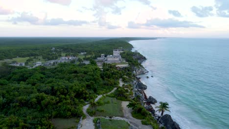 Tulum-Mexico,-Caribbean-Sea,-Beach,-Sunset,-Aerial-view