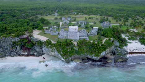 Tulum-Mexico,-Aerial-View,-Caribbean-Sea,-Mar-Caribe,-Archeological-Zone