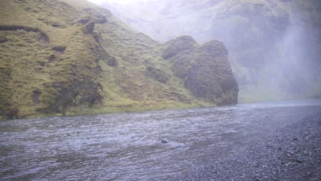 Fast-river-current-in-the-lush-Skogafoss-waterfall-valley-in-Iceland