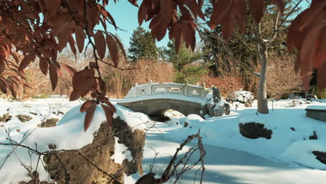 Static-shot-of-snow-covered-bridge-with-dried-leaves-in-foreground