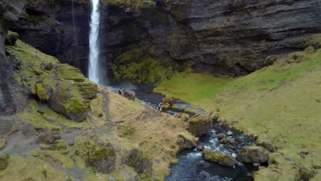 Beautiful-waterfall-in-Iceland,-aerial-view-of-nature-landscape,-Kvernufoss,-South-Coast