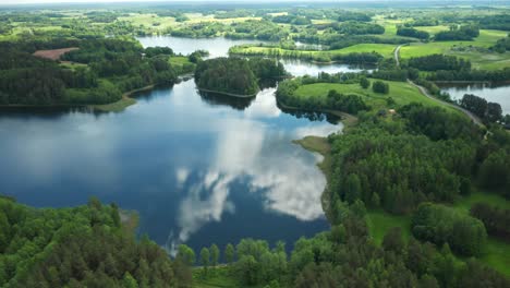 AERIAL:-Reflection-of-Sky-on-the-Surface-on-Lake-near-Little-Islands-Filled-with-Trees