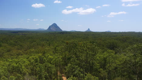 Aerial-4K-Drone-Over-Trees-Reveals-Green-Countryside-And-Glasshouse-Mountains-View-In-Distance