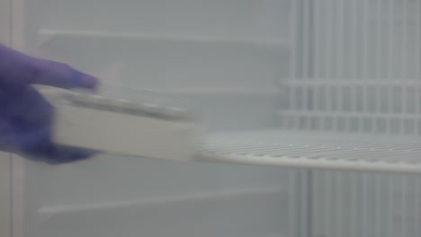 Close-Up-Of-Scientist-In-Blue-Gloves-Placing-Vials-With-Laboratory-Samples-Onto-Fridge-Shelf-For-Storage,-4K