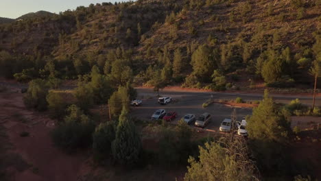 Aerial:-parking-lot-of-a-hikers-trail-in-California,-USA