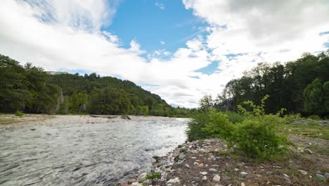 Timelapse-of-Alerces-River-in-Andes-Surrounded-by-Nature-and-White-Clouds,-Patagonian-region-of-Argentina