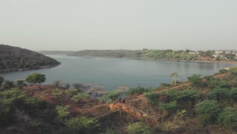 Aerial-Drone-shot-of-a-reservoir-or-Lake-at-Ramaua-Dam-,-Gwalior