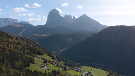Amazing-Aerial-View-of-Val-Gardena-in-Italian-Dolomites-on-Beautiful-Autumn-Day