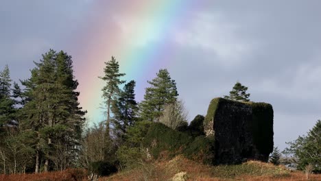 Aros-Castle-ruins-and-a-rainbow-on-the-Isle-of-Mull,-Scotland