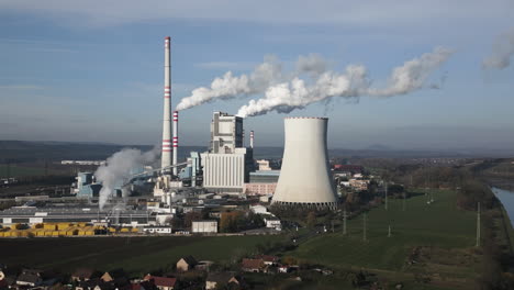Coal-fired-power-plant-with-smoking-chimneys.-Drone-shot