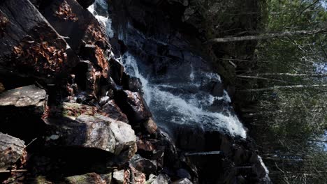 Vertikaler-Schuss-Des-Wasserfalls-In-Einem-Tropischen-Wald-Bei-Saint-come,-Quebec,-Kanada