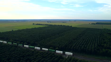 Freight-train-crossing-woods-and-green-fields-in-West-Lafayette-countryside,-aerial-tracking