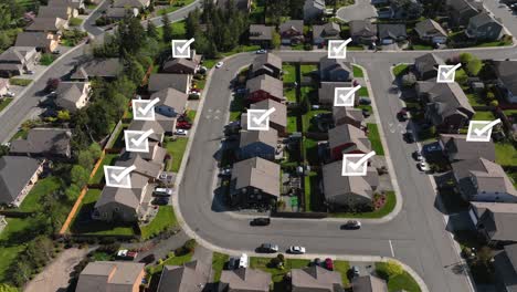 Aerial-of-suburban-homes-with-animated-checkmarks-appearing-above-them-to-represent-households-that-have-registered