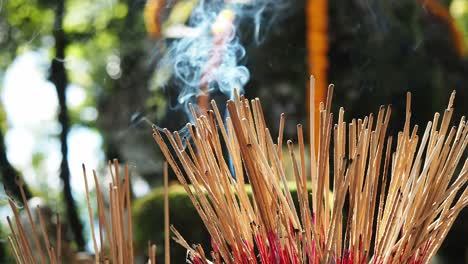 Burning-incense-sticks-and-smoke-in-sunlight
