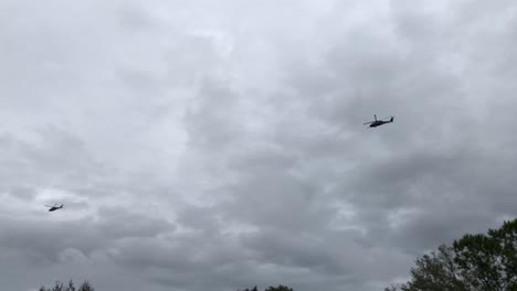 Dos-Helicópteros-Que-Vuelan-En-Formación-Por-El-Cielo-Cerca-Del-Suelo-En-Un-Patrón-De-Ataque