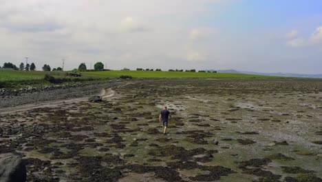Man-Walking-along-coastline-on-seaweed-covered-beach