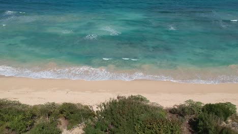 left-to-right-drone-shot-of-north-shore-oahu-hawaii-with-blue-sky-turquoise-pacific-ocean,-reefs-and-palm-trees-and-rolling-waves-on-white-sand