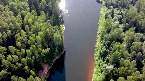Luftdrohnenansicht-Eines-Rot-Gefärbten-Flusses-Mitten-In-Einem-Wald