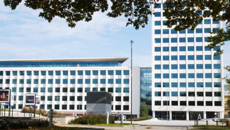 Modernes-Bürogebäude-Mit-Ästen-Und-Blättern-Im-Vordergrund,-Statische-Aufnahme