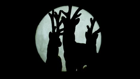 Silhouetted-Miniature-Reindeer-Family-Standing-Against-Moonlight-Backdrop