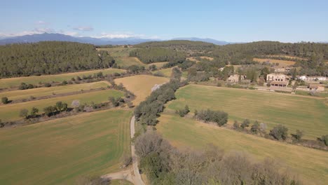 Vista-Aérea-De-La-Naturaleza-Campo-Sembrado-Sin-Gente-Montaña-Nevada-De-Los-Pirineos-En-El-Fondo-Costa-Brava-De-Girona-En-España