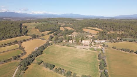 Aerial-view-of-nature-sown-field-without-people-Snowy-Pyrenees-mountain-in-the-background