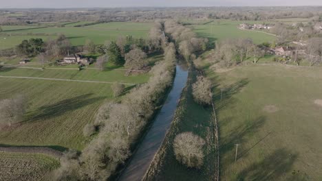 Canal-Embankment-Cutting-Grand-Union-Warwickshire-Aerial-Landscape-Countryside-England-UK-Winter-Transportation-4K