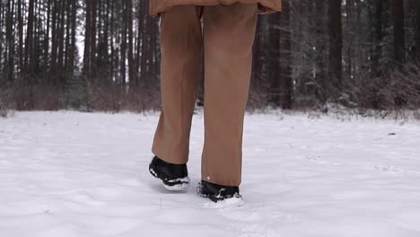Low-angle-slow-motion-shot-of-a-women's-boots-walking-through-snow-on-a-winters-day-in-rural-Canada