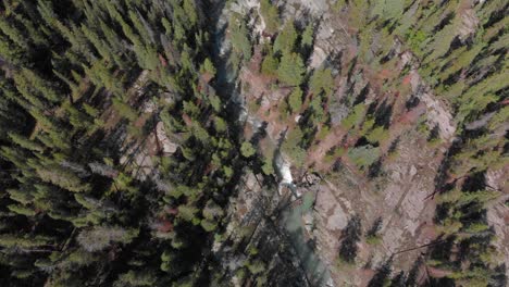 Aerial:-Rugged-creek-cuts-canyon-through-rocky-mountain-forest