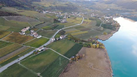 Drone-Aéreo-Sobre-Los-Viñedos-Sobre-El-Lago-Caldaro-En-Otoño-En-Tirol-Del-Sur
