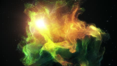 Yellow-and-Green-Colored-sci-fi-Nebula-or-Galaxy-with-bright-sun-floating-in-outer-deep-interstellar-Space-Universe-with-Star-field-in-background