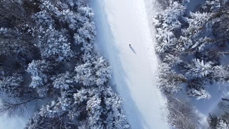 Woman-walking-in-the-snow-view-by-drone