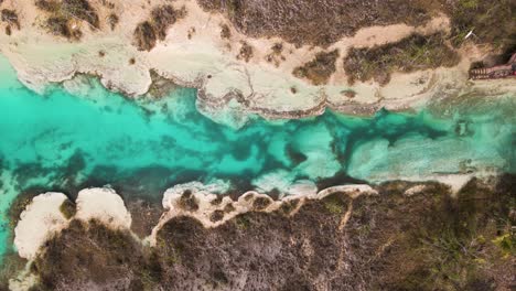 Bird's-eye-view-drone-shot-of-the-incredible-los-rapidos-"rapids"-with-crystal-clear-water-and-stromatolites-located-in-Bacalar,-Mexico-in-4k