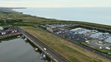 Aerial-footage-of-the-small-English-fishing-village-of-Maryport-in-Allerdale-a-borough-of-Cumbria,-England
