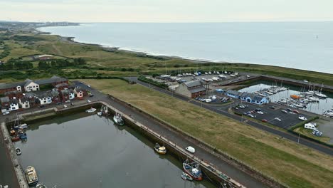 Aerial-Video-of-the-small-English-fishing-village-of-Maryport-in-Allerdale-a-borough-of-Cumbria,-England