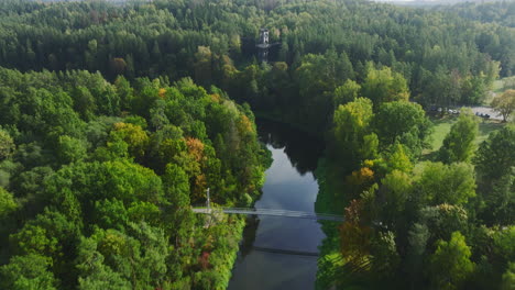Beautiful-aerial-view-of-treetop-walkway-path-located-in-Anyksciai,-Lithuania,-eastern-Europe