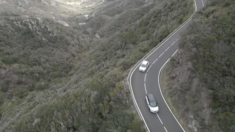 2-Autos-Blancos-Conduciendo-A-Lo-Largo-De-Una-Carretera-De-Montaña-Sinuosa-Rodeada-De-Hermosos-Paisajes-De-Montaña-Y-árboles-Y-El-Mar-En-El-Fondo