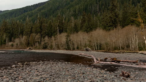 Motion-time-lapse-of-the-Hoh-river-flowing-below-pine-tree-covered-hill-sides-near-Olympic-National-Park-in-Washington