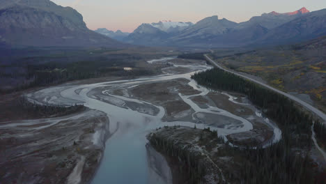 Panoramic-View-Of-North-Saskatchewan-River-And-Rocky-Mountains-Near-Nordegg-Town-In-Alberta,-Canada