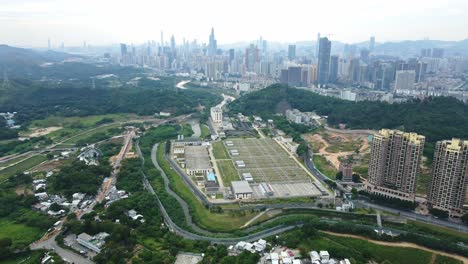 Aerial-Top-View-of-Law-Fong-Sewage-Treatment-Facility-in-Shenzhen-river,-Mainland-China