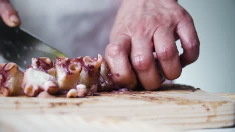 Close-up-detail-shot-of-a-person-holding-the-octopus-and-with-the-other-hand-cutting-with-a-knife