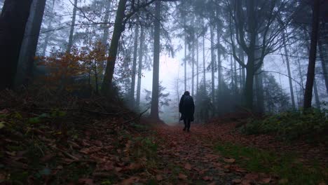 Man-with-a-backpack-travels-in-dark-clothes-on-a-wet-foggy-morning-in-the-forest