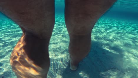 Closeup-underwater-back-view-of-man-legs-walking-on-seabed-raising-clouds-of-sand-floating-in-turquoise-tropical-sea