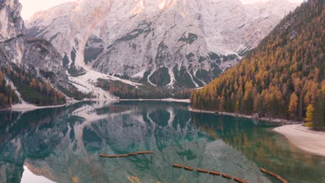 Aerial-Boom-Shot-Reveals-Iconic-Lago-di-Braies-in-Italian-Dolomites-on-Fall-Day