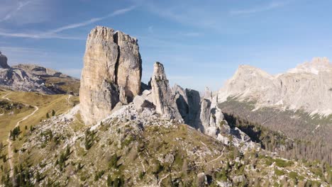 Drone-Flying-Away-from-Cinque-Torri-Five-Towers-Rock-Formation-in-Italian-Dolomite-Mountains