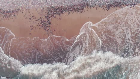 Ocean-waves-hitting-sandy-beach-with-small-pebbles,-aerial-top-down-view