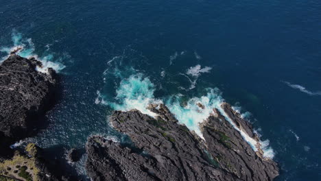 Aerial-topdown-view-of-some-basaltic-rocks-in-the-coastline-of-Pico-Island,-Azores