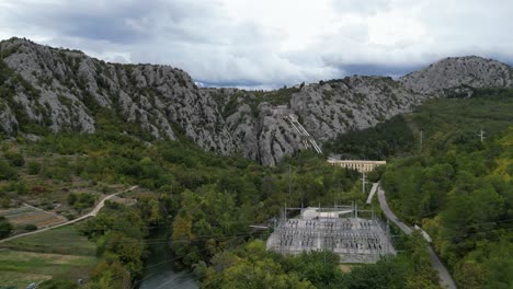 Hydro-power-plant-Kraljevac-and-electrical-substation-Croatia-rising-drone-aerial-view